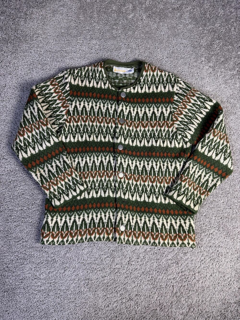 Vintage ICELAND Jersey Modeller Sweater Cardigan Mens S/4 Green Fair Isle Wool